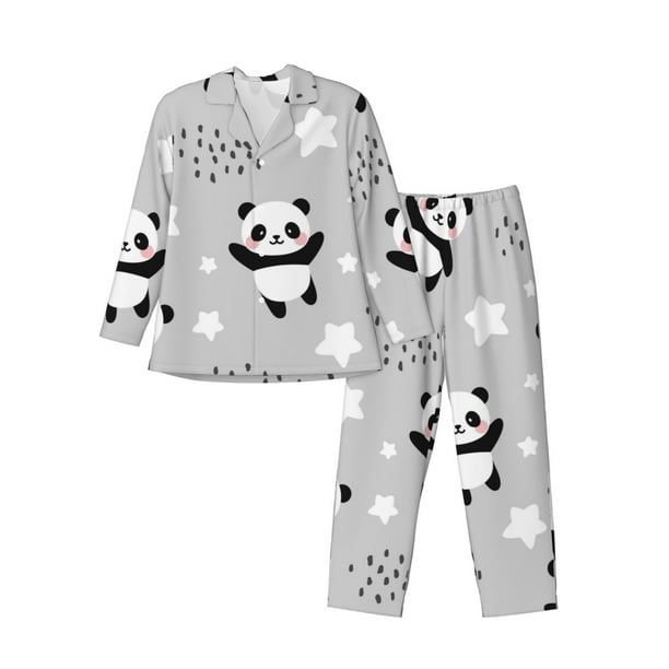 Balery Pandas Pijama para Hombre de Dos Piezas con Manga Larga, Conjunto de Dormir y Descanso Suave con Bolsillos-Large