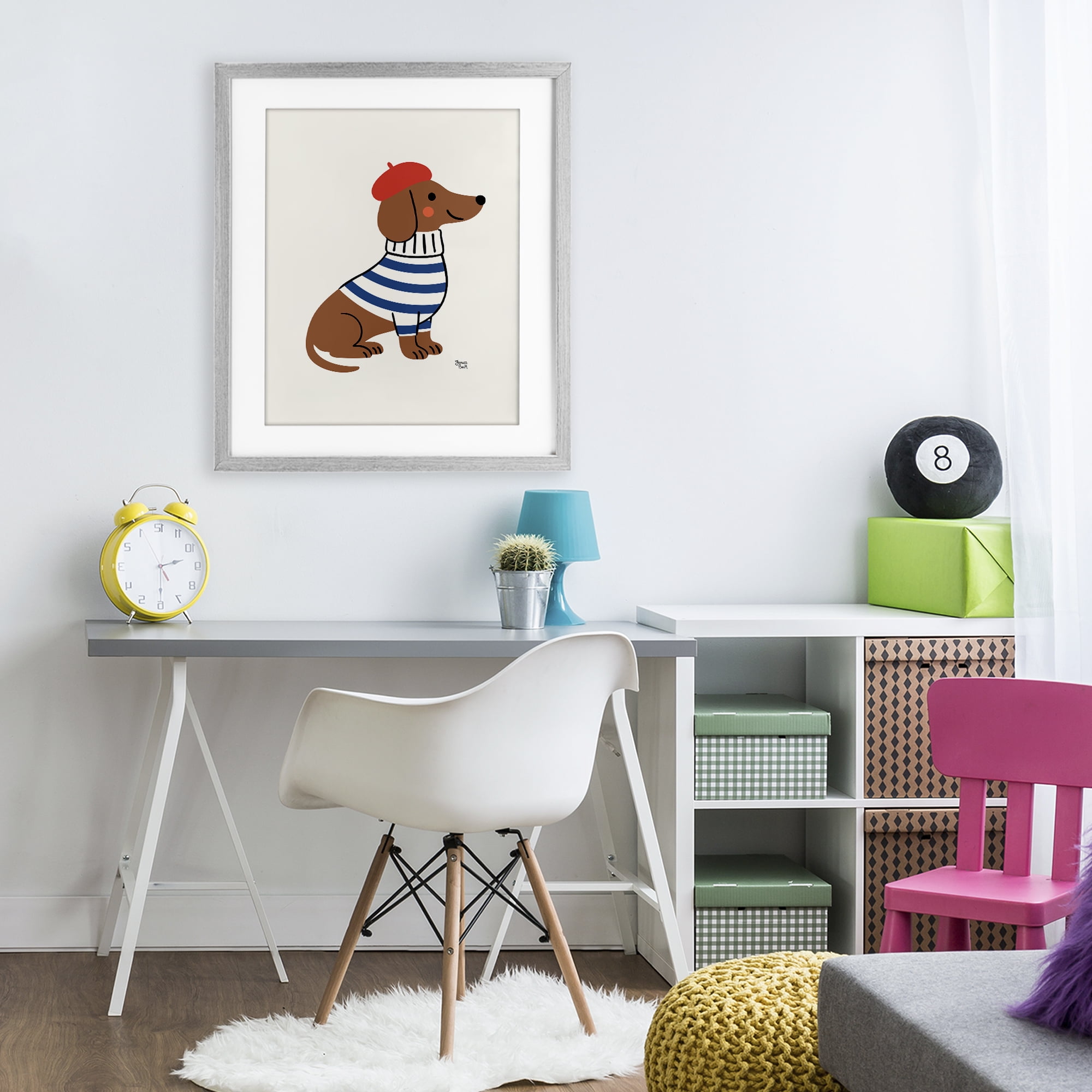 French Dachshund in Beret Gray Framed Print Under Glass, design by Jessica Beck