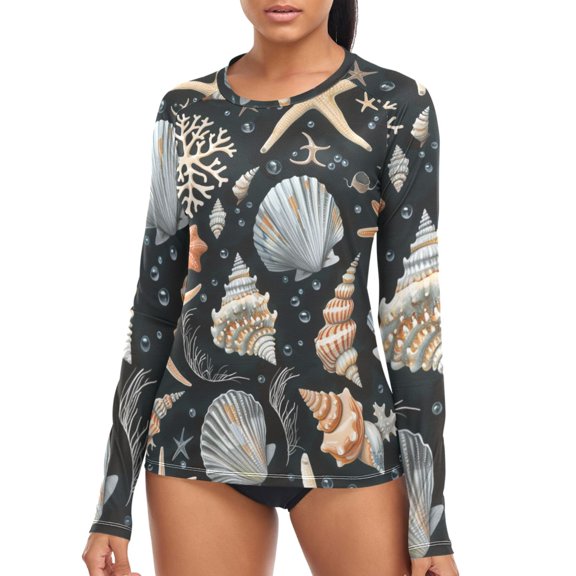 joogoo Womens UPF 50  Rash Guard Seashells Coral Stars Seaweed Long Sleeve UV Protection Sun Shirts Tops S