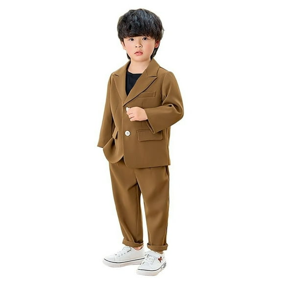 Boys Business Suits Coat 3 Piece Outfit Tuxedo Set For Kids Formal Suit For Boys With Pants Necklace Set Slim Boys Outfits&Set Brown 140/9 Y—10 Y