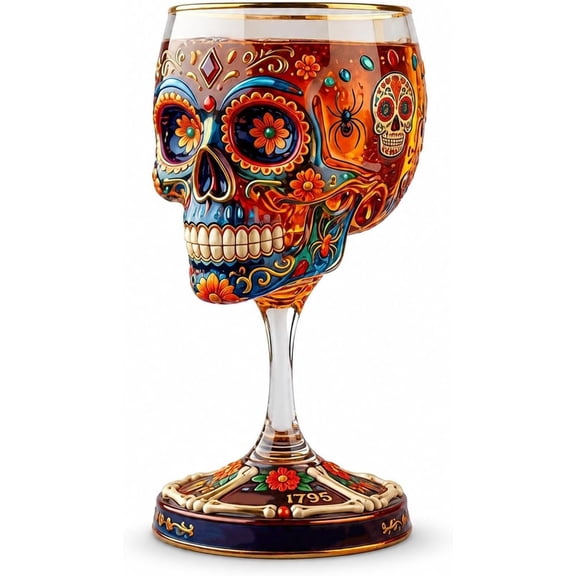 Day of the Dead Collector Goblet– Handcrafted Skull Wine Glass, Skeleton Floral Art Glass Chalice for Gothic Home Bar(1Pcs)