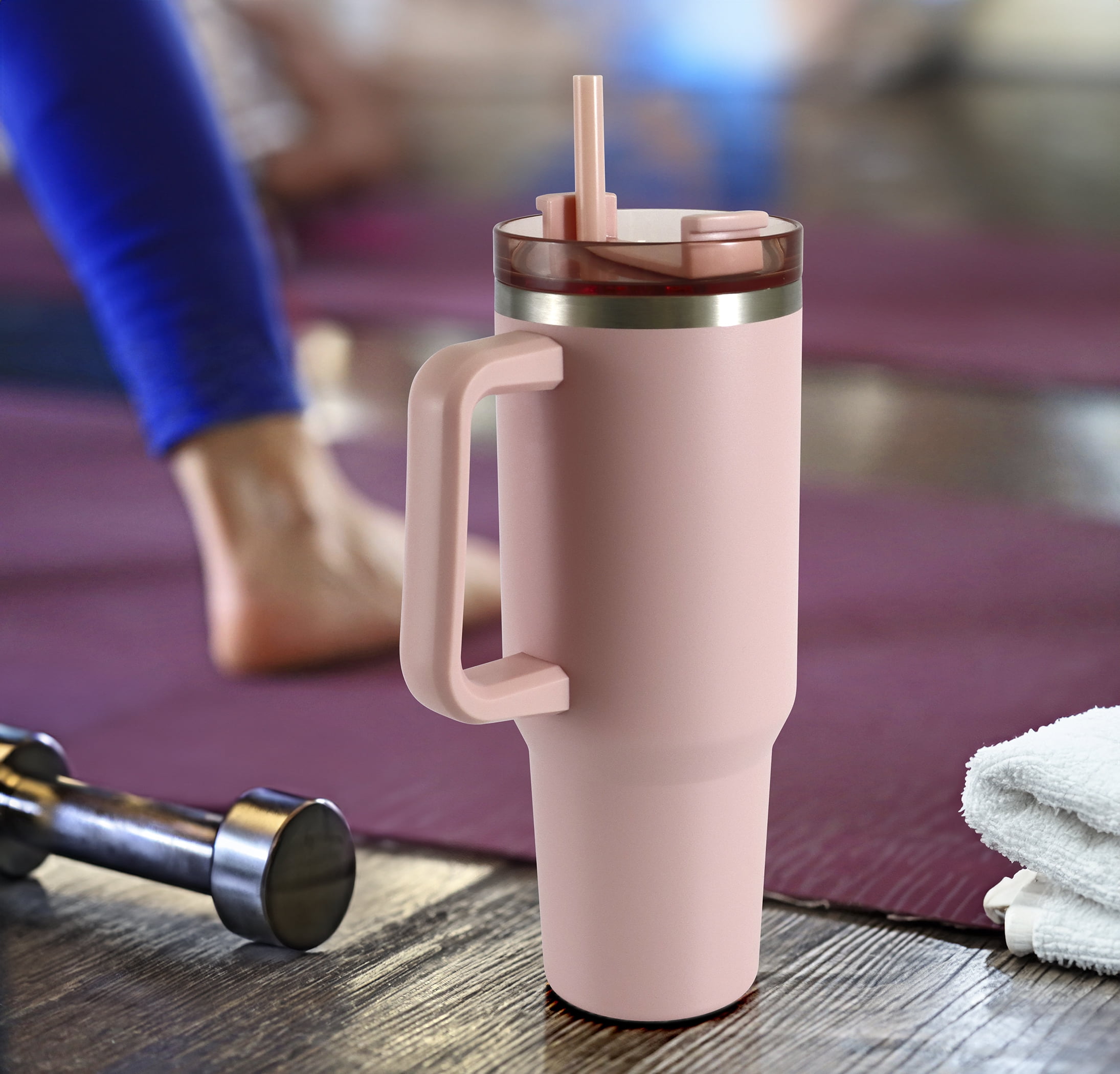 Mainstays 40 oz Stainless Steel Tumbler with Straw, Handle and Double-Wall Insulation, Pink