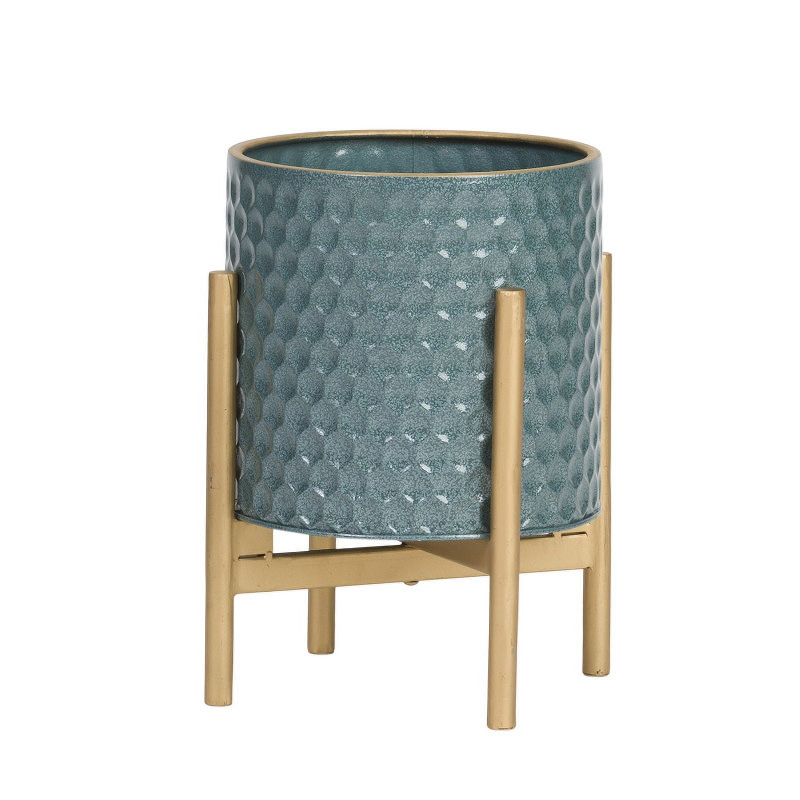 Honeycomb Metal Planter Pot With 4-Leg Gold Metal Base - Blue-Green - 12"H x 9.5"W