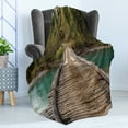 thumbnail image 4 of Landscape Soft Flannel Fleece Blanket, Old Wood Bridge over River Belaya Berel and Evergreen Forest Eastern Kazakhstan, Cozy Plush for Indoor and Outdoor Use, 50" x 60", Brown Green, by Ambesonne, 4 of 5