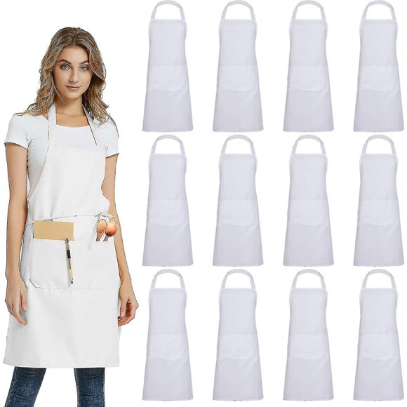 Evago 12 Pack Plain Bib Aprons With 2 Pockets - Black Unisex Commercial Apron Bulk