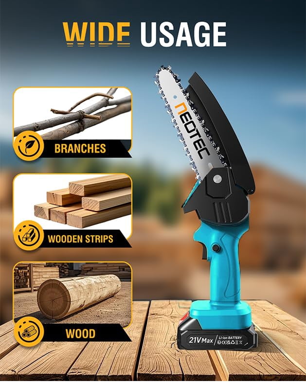 NEOTEC Mini Chainsaw Cordless 6-inch, Handheld Electric Chainsaw 4000mAh Battery Powered with Dual Security Lock, Mini Chain Saw for Tree Trimming Wood Cutting (2 Batteries+3 Chains+2 Bars)