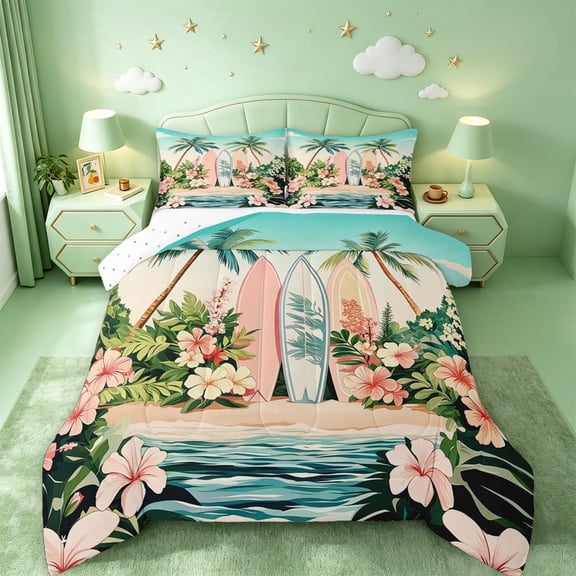 meiyoeat Hawaii Sea Beach Full Size Comforter Sets For Kids,Pink Kawaii Floral Blossom Bedding Comforter Set For Girls,Reversible,3-Piece