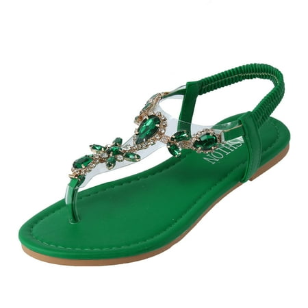 

Pgeraug womens slippers Ladies Fashion Summer Rhinestone Elastic Band Flat Flip Flops Outer Beach Sandals mens slippers Green 38