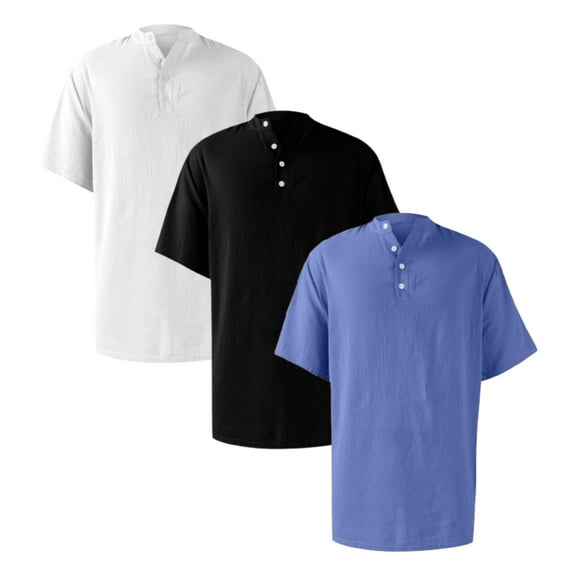Zimjoy 3 Pack Set Henley Shirts for Men Short Sleeve Stand Collar Button T-Shirts Men Big and Tall Dressy Spring Shirt Casual Textured Vacation Clothing, Set_A S