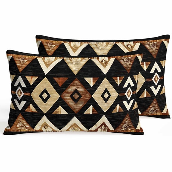 Set of 2 Brown Geometric Pillow Covers 12x20 Inch, Vintage National Style Decorative Throw Pillow Cases Cotton Cushion Covers for Sofa Couch Bed Living Room Bedroom Home Decor