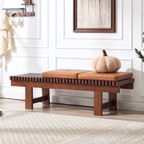 Zesthouse 59.4" Slatted Wooden Entryway Bench, Farmhouse Wooden Shoe Bench with 2 Faux Leather Seat Cushions, Walnut Finish Solid Wood Legs, Indoor End of Bed Stool for Hallway, Living Room, Brown