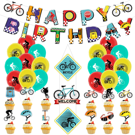 Bike Birthday Party Decorations, Including Banner, Cake Toppers, Balloons, Hanging Signs Bicycle Sports Theme Birthday Party Supplies for Kids and Bicycle Fans (A)