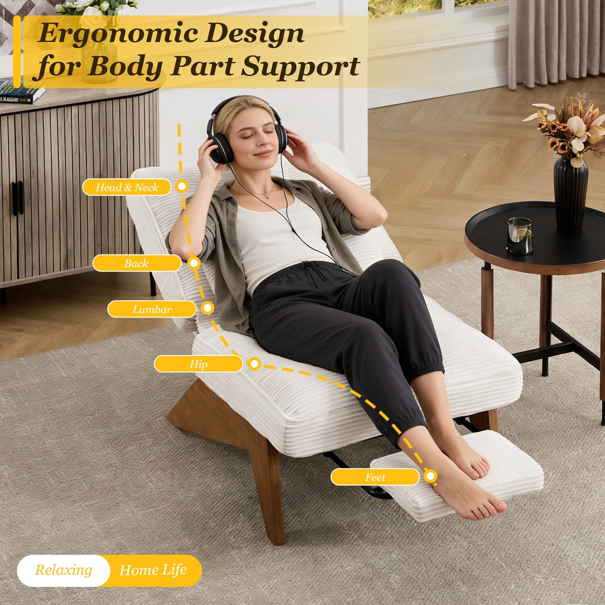 MOONMISS Modern Adjustable Lounge Chair with Footrest,Wooden Base Upholstered Recliner for Reading Rest Corduroy