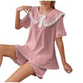 thumbnail image 5 of Warm Womens Pajamas New Womens Solid Pajama Set 2 Piece Short Sleeve Doll Collar Bow Lapel Shirt and Pants Loungewear Set Cute Sleepwear Cute Pajamas Set New Pinky M, 5 of 9