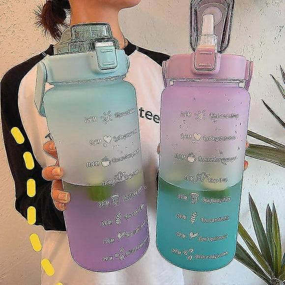 Botella de agua portátil de gran capacidad de 2 l con marcador de tiempo, a prueba de fugas, sin BPA, esmerilada, para deportes al aire libre, con pajita.