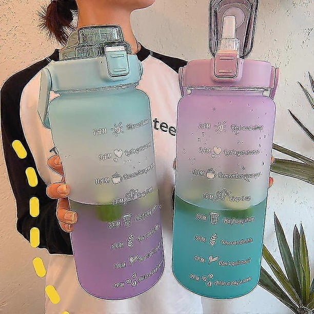 Botella de agua portátil de gran capacidad de 2 l con marcador de tiempo, a prueba de fugas, sin BPA, esmerilada, para deportes al aire libre, con pajita.