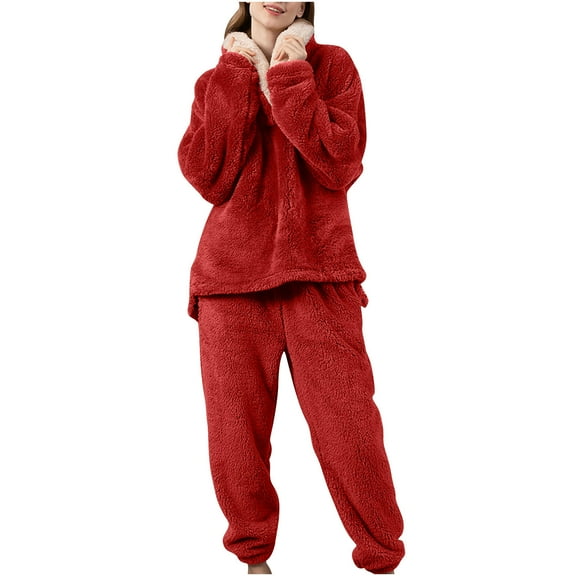 cfhntfmh Two Piece Sets for Women Sweatsuit Wide Leg Jogger Sets with Pockets Long Sleeve Lapel V Neck Sweatshirt Fall Tracksuit(Red,X-Large)