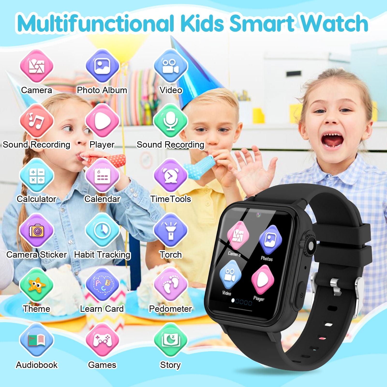 Eurhowing Kids Smart Watch Age 3-12, 31 Games, Learning Cards, HD Touch Screen, Camera, Music, Audiobook, Pedometer, Fun & Educational Birthday Gift Idea, Black