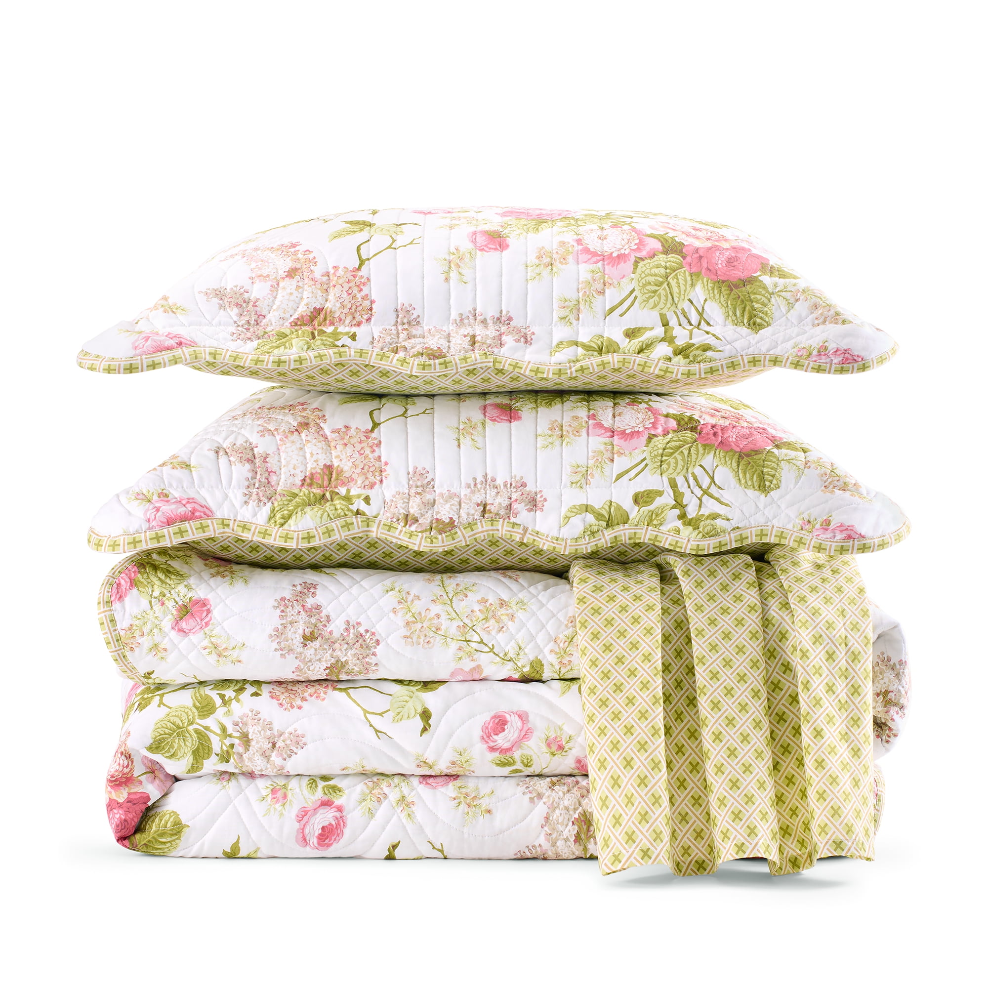 Waverly Emma’s Garden 4-Piece Quilt Set – Full/Queen - 100% Cotton with Scalloped Edge & Striped Bed Skirt - Blossom Floral Print