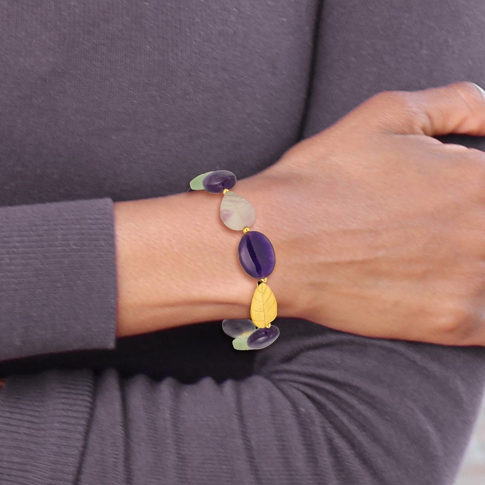 Diamond2Deal 925 Sterling Silver Gold-Plated Amethyst/Fluorite/Jade 1in ext. Bracelet for Women 9"