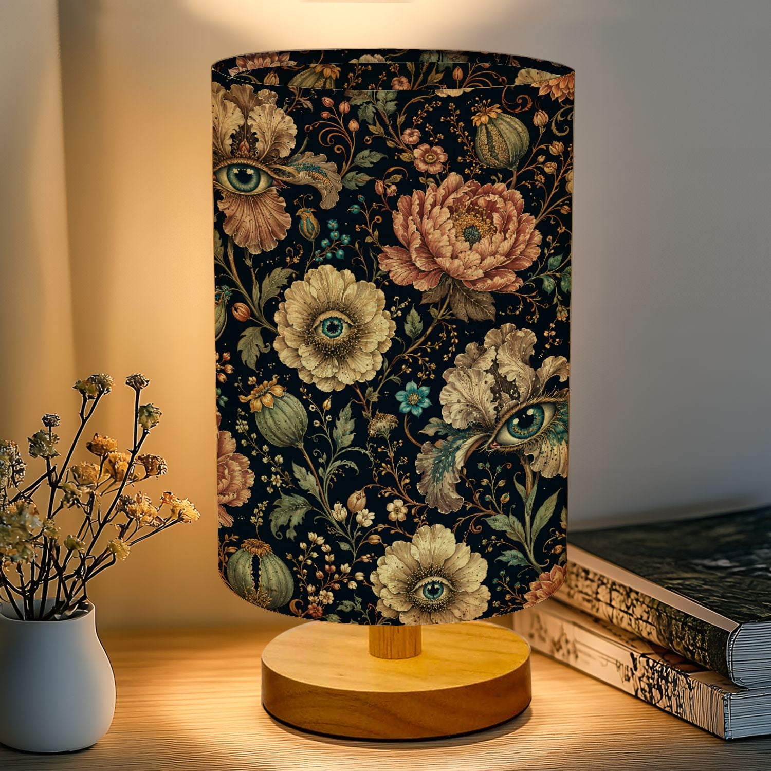 Gothic 16-Color Dimmable Table Lamp Dark Romantic Vintage Halloween Haunted Bedside Lamp Nightstand Light for Bedroom Nursery Wood Base Fabric Shade Reading Lamps Gifts for Kids