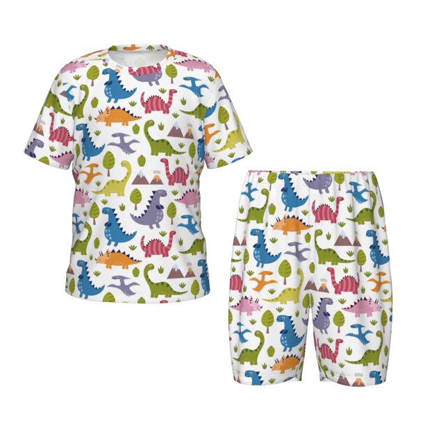 Balery Cute Dinosaur Conjunto de Pijama Infantil de Manga Corta con Estampado – Ropa de Dormir de Algodón Suave-Large