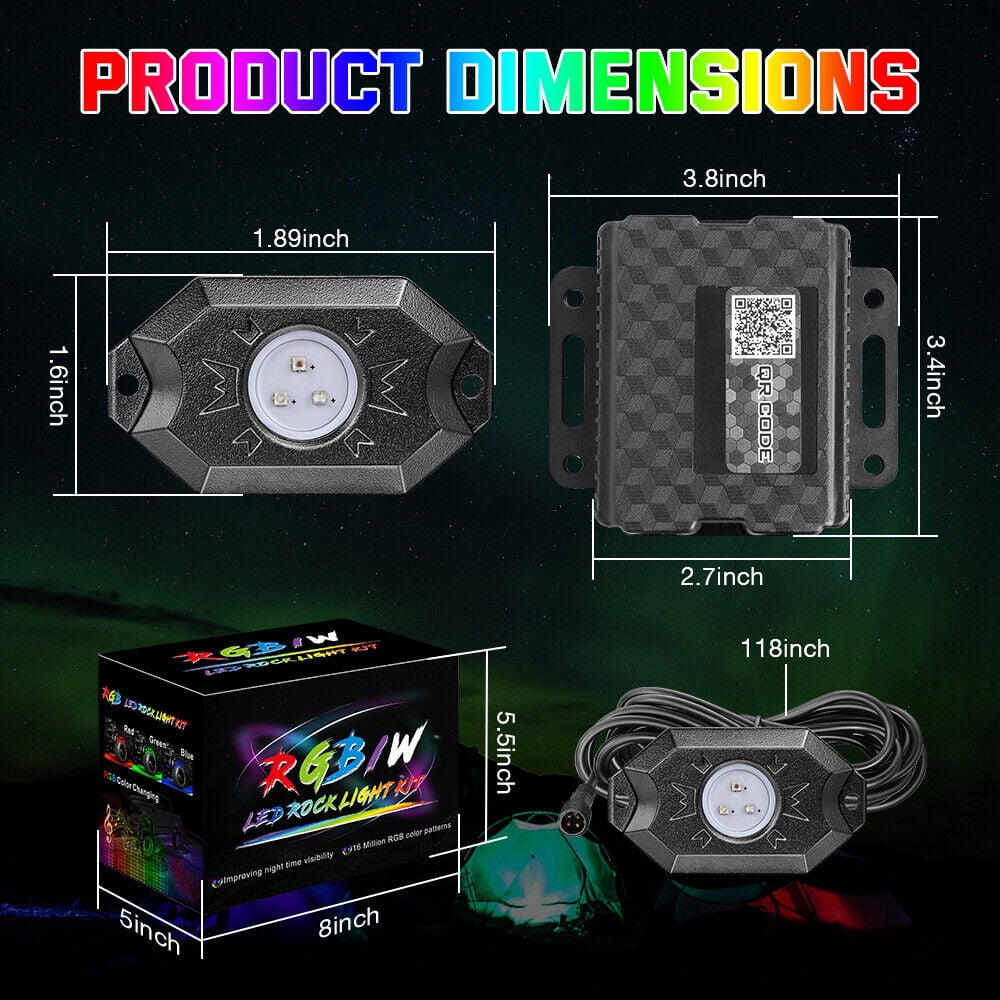 4-Pods RGB LED Rock Light Kit APP Remote Control for Polaris RZR Jeep ATV UTV