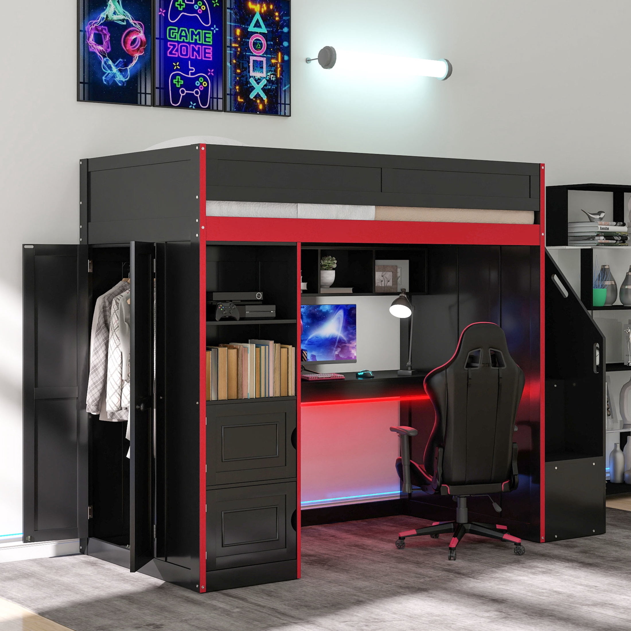 Noble House Mira Full Gaming Loft Bed, Desk with Storage Locker & LED Lights, Solid Wood Frame, Black and Red