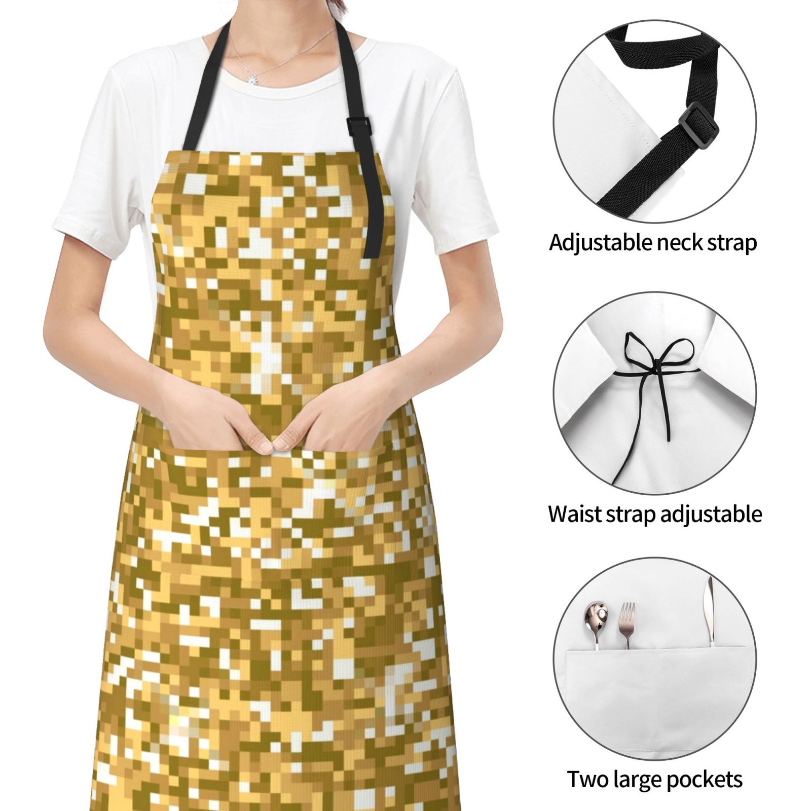 Kdxio Glitter Gold Apron with Pockets Adjustable Kitchen Aprons for Men Women Waterproof Aprons for Cooking,Drawing,Crafting, Baking Household Cleaning