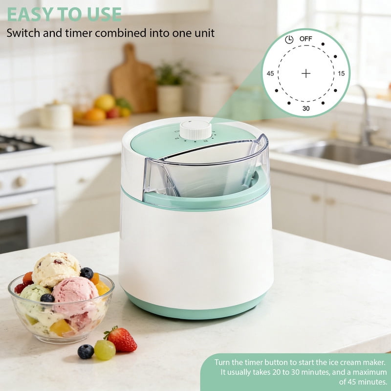 SUSLAS 0.8L Mini Ice Cream Maker Machine with Timer Knob, Compact Personal Ice Cream Maker for Homemade Gelato, Sorbet & Frozen Yogurt, Easy Operation, White & Green