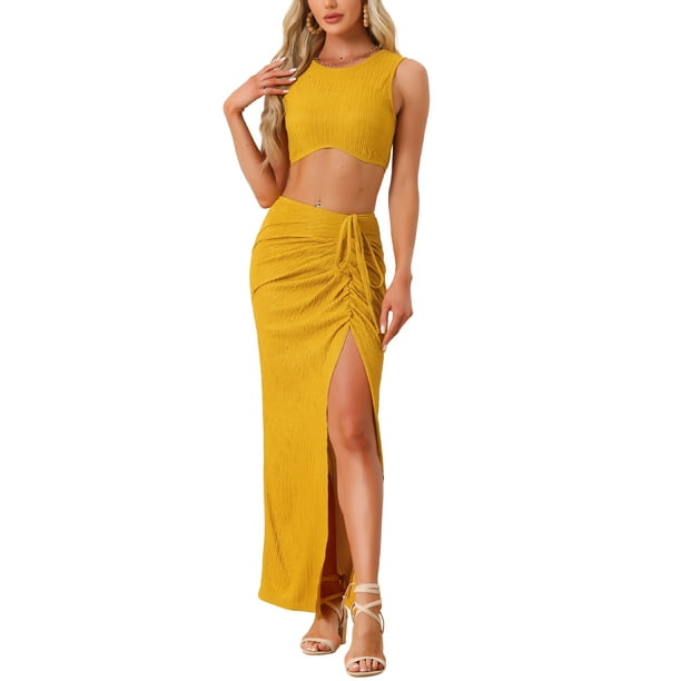 Conjunto de falda casual para mujer INSPIRE CHIC de 2 piezas, top sin mangas, falda con abertura y lazo, color amarillo