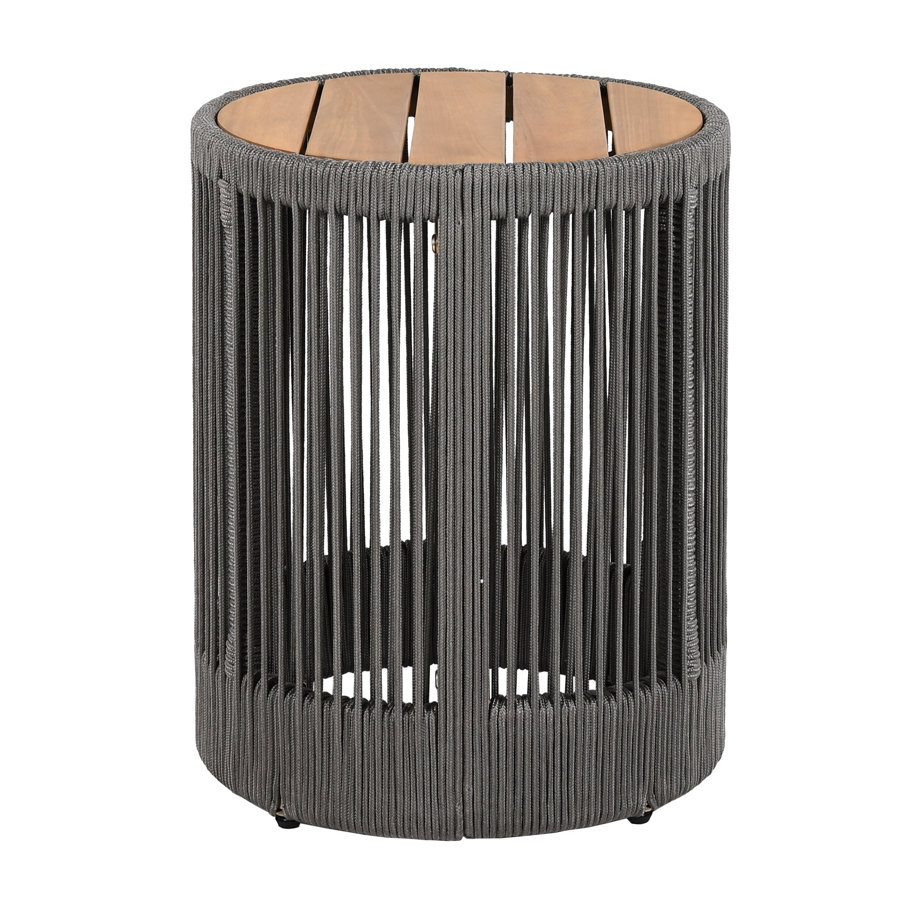 Euroco Outdoor Rattan rope & Acacia Wood Side Table - Patio Balcony Furniture for Garden, Yard, Balcony - Weather Resistant(Rope Grey, Natural Iron)