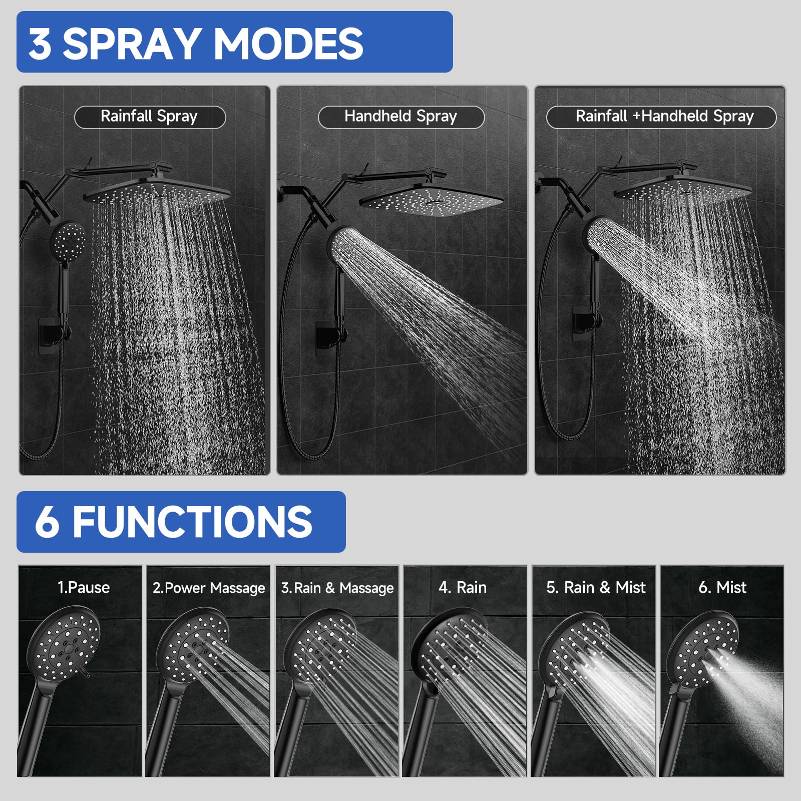12 Inch Coverage High Pressure Rain Shower Head Combo with Adjustable Extension Arm, Wide Rainfall & 5 Modes Handheld Showerhead, Dual Anti-Clog