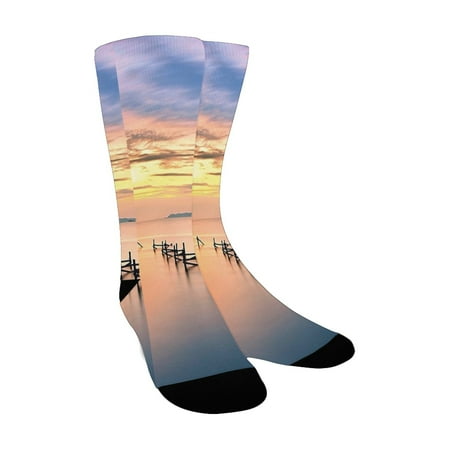 

Nature Sunset at Abandoned Jetty with Smooth Water and Nice Sky Digital Image es Marigold Petrol Blu Custom Socks for Women