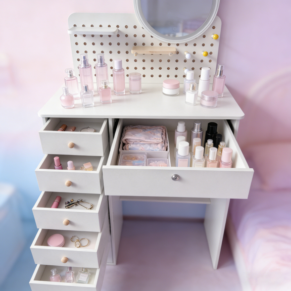 White Vanity Desk with Mirror, Pegboard Organizer & Lockable Drawer, Space-Saving Makeup   Study Table with 5 Drawers for Bedroom/Dorm (31.5")