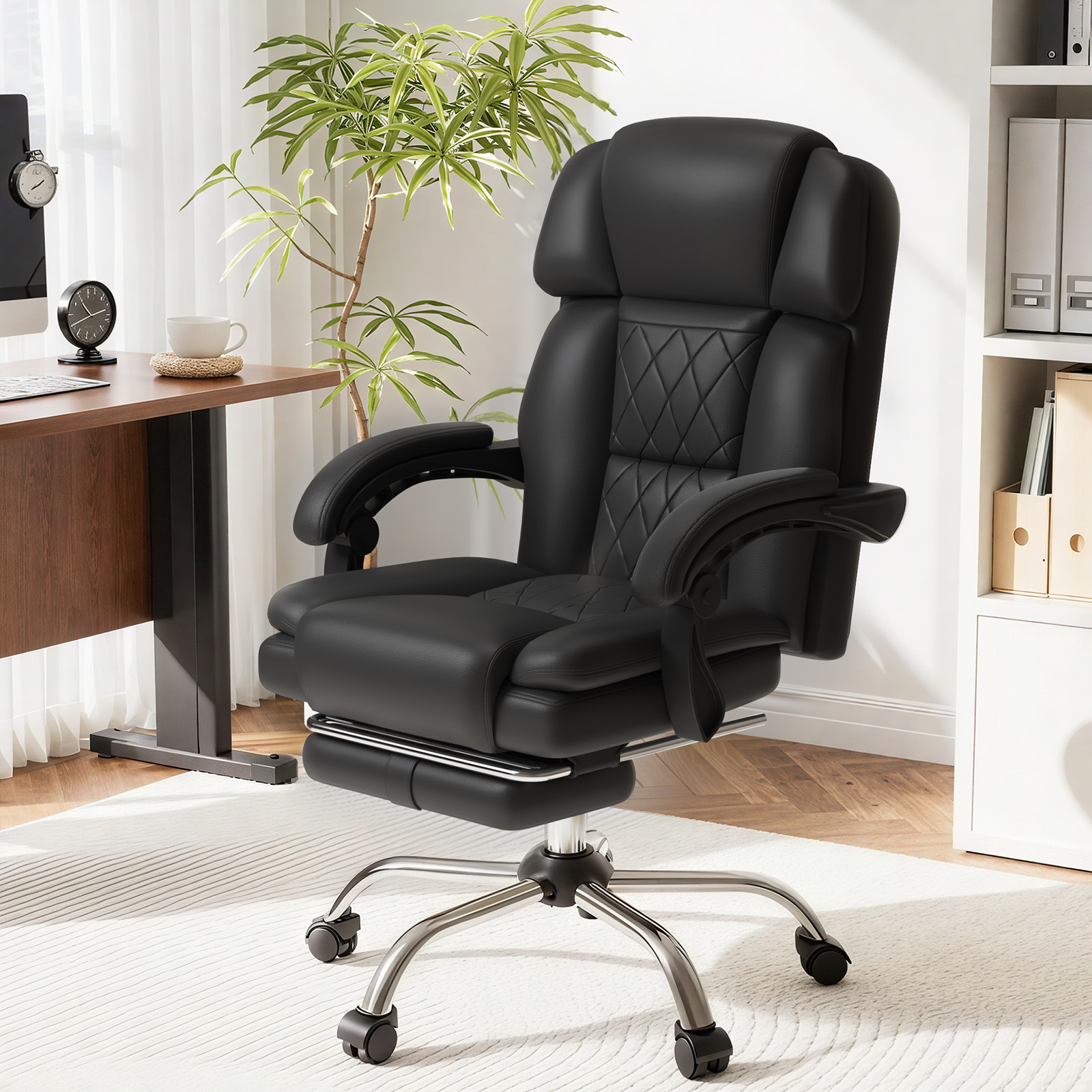 6-Point Massage Office Chair with Heat, Ergonomic Reclining Desk Chair with Footrest, PU Leather Executive Chairs for Home Office, Massaging Computer Chair Gift for Men, Black