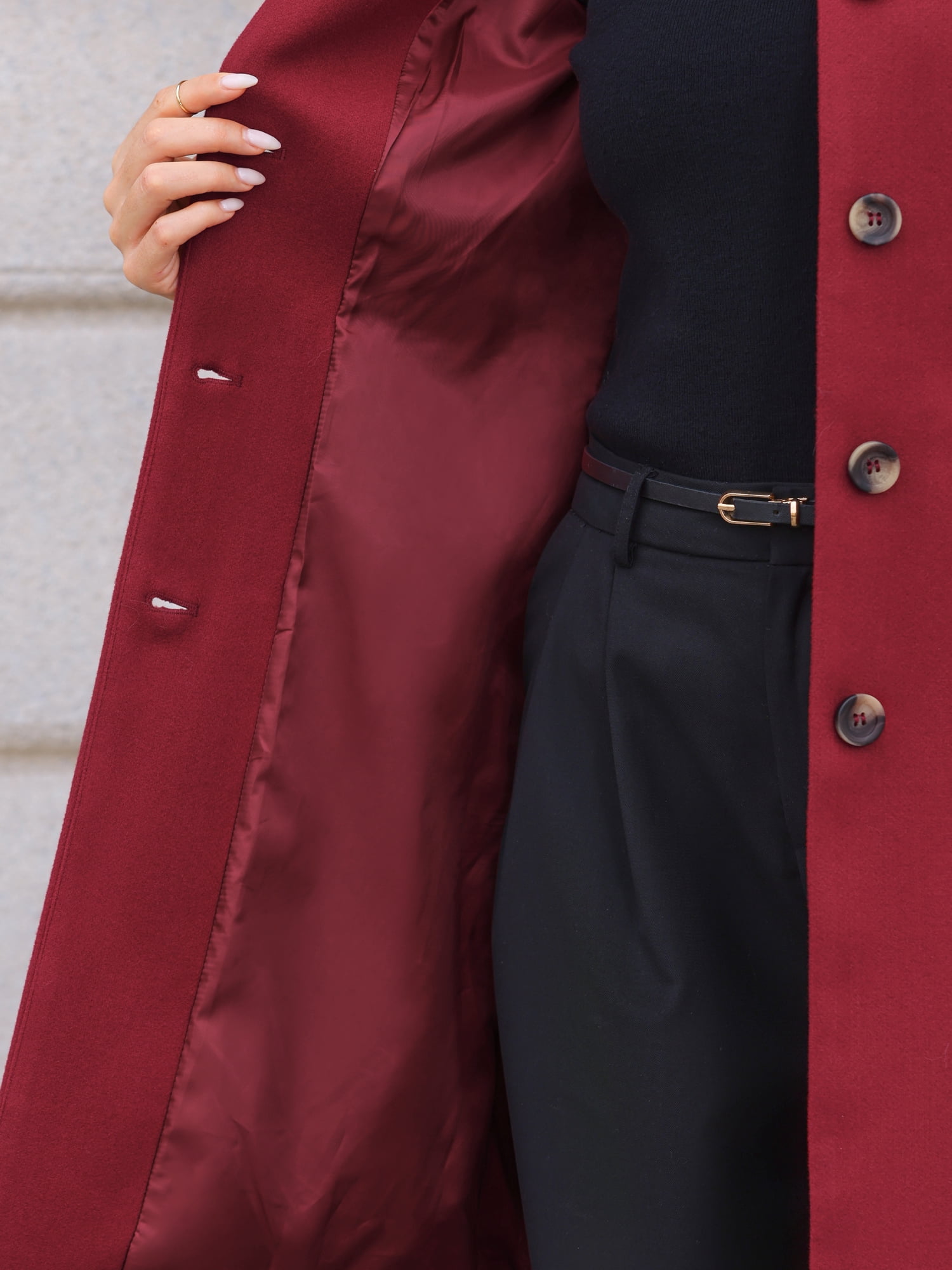 DARING DIVA Women's Stand Collar Mid-Length Overcoat with Pockets L Dark Red