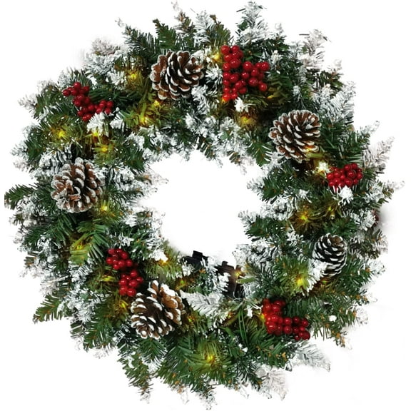 FUNING Christmas Wreath for Front Door, Pre-lit Christmas Winter Home Adornment Wreath with 50 Lights and Mixed Decorations for Front Door Indoor Window Wall Décor (18 inch - Battery Not Included)