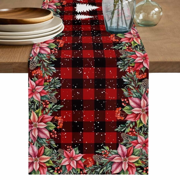 Red Plaid Christmas Table Runner 60 Inches, Xmas Tree Snowflake Poinsettia Bed Runner Dresser Scarves Tabletop for Indoor Outdoor Parties/Ceremony/Banquet, 13" x 60"