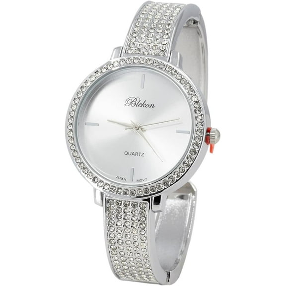Blekon Collections Women's 32mm Rhinestones Round Elegant Metal Cuff Bangle Fashion Watch