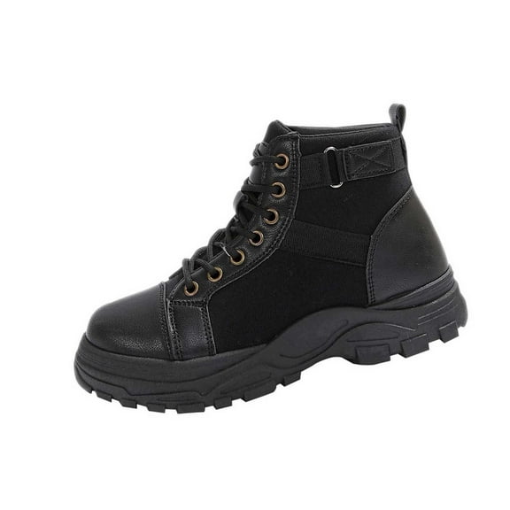 Black Women'S Platform Ankle Boots With Lace-Up Front, Round Toe, Stitching Accent, Wedge Heel For Height