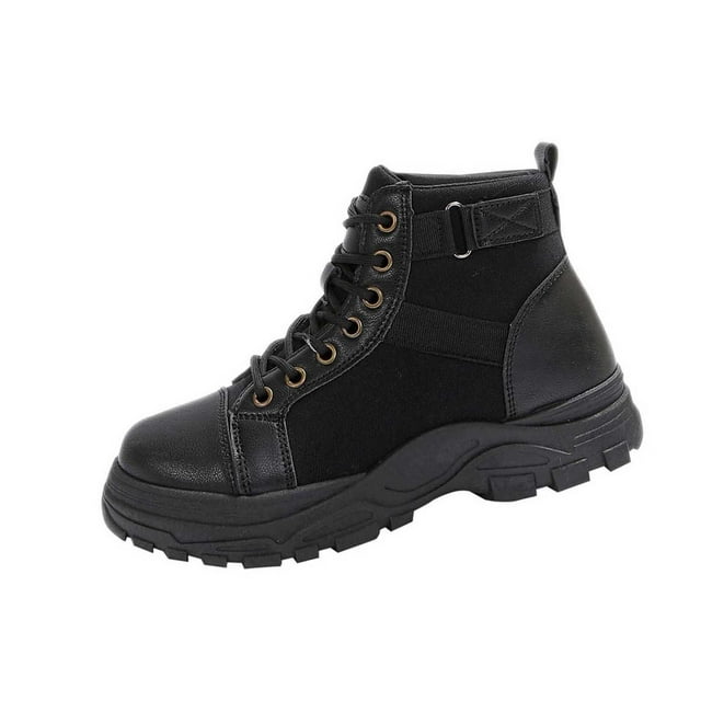 Black Women'S Chunky Boots With Lace-Up, Round Toe, Platform Wedge Heel, Perfect For Adding Height With Comfort