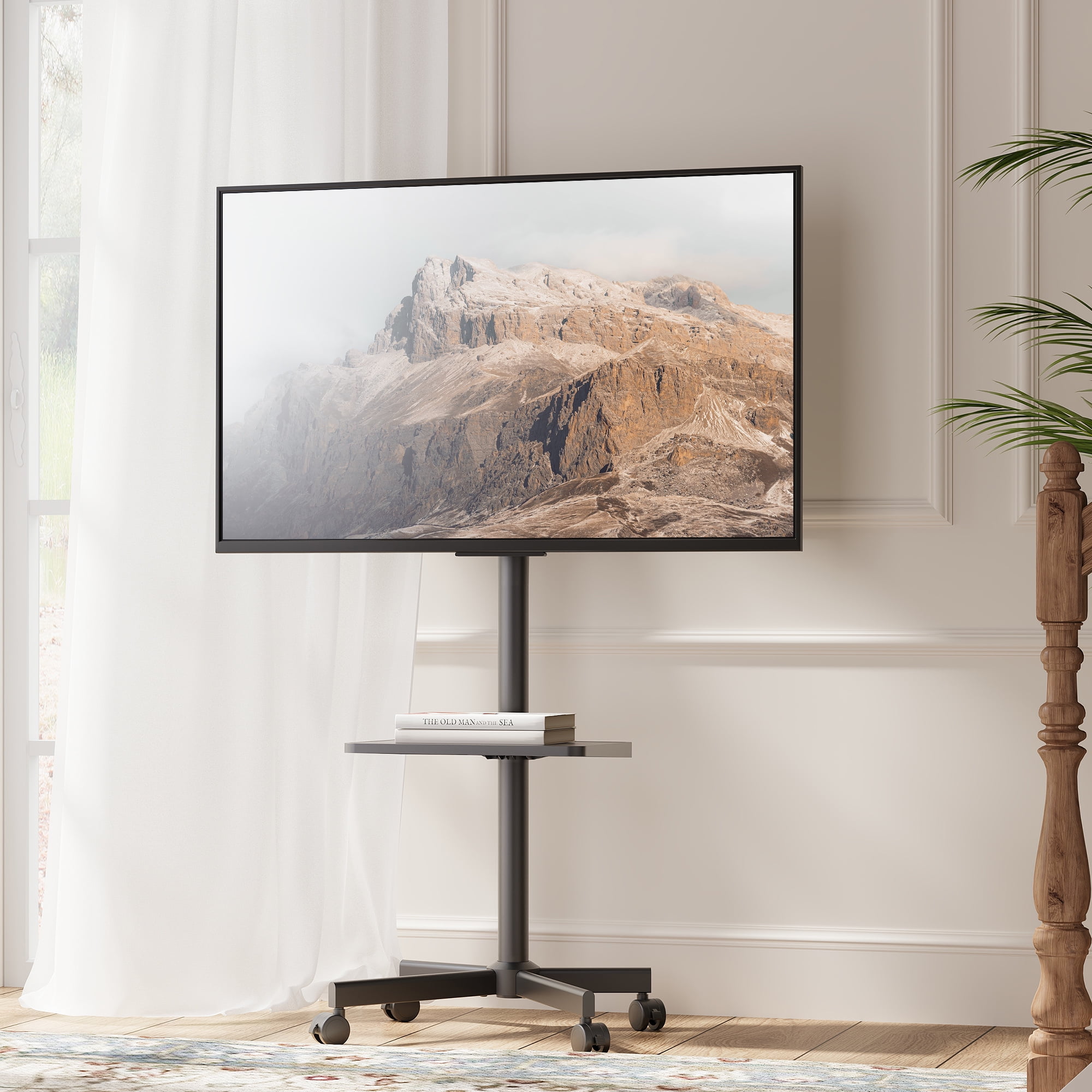 AOKCOS Modern Rolling TV Stand With Wheels Mobile TV Cart for 32 to 65 inch TVs with One Shelf,Black