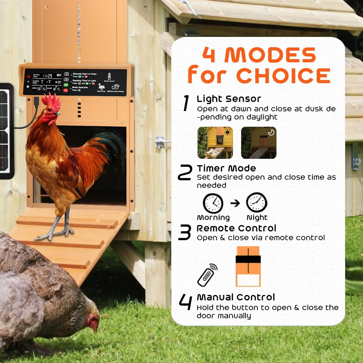 Pet Deluxe Automatic Chicken Coop Door Solar Powered Automatic Chicken Door with Timer & Light Sensor, Anti-Pinch, Durable Aluminum Auto Chicken Door, Charge with Solar Panel & USB