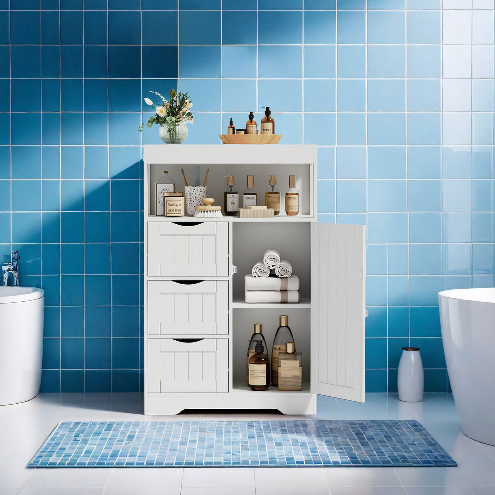 Homall Wood Bathroom Floor Cabinet with 3 Drawers and 1 Cupboard Free Standing Storage Organizer Hallway Entryway Cabinet for Living Room Kitchen, White