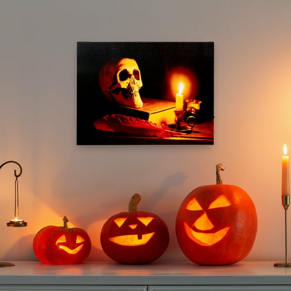 LED Lighted Antique Candle and Skull Halloween Canvas Wall Art 12" x 15.75"
