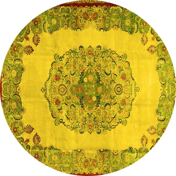 Ahgly Company Indoor Round Medallion Yellow Traditional Area Rugs, 3' Round