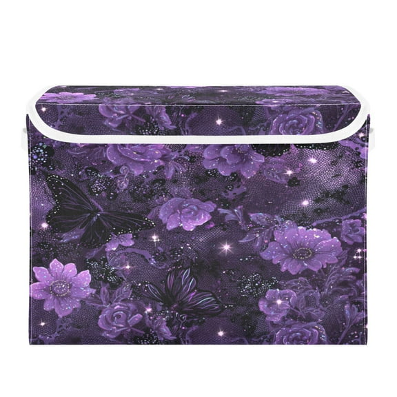 Large Collapsible Storage Box Flip Lid Fabric Decorative Organizer Container Basket with Handles 16.5×12.6×11.8in Gorgeous Pink Flowers and Butterflies