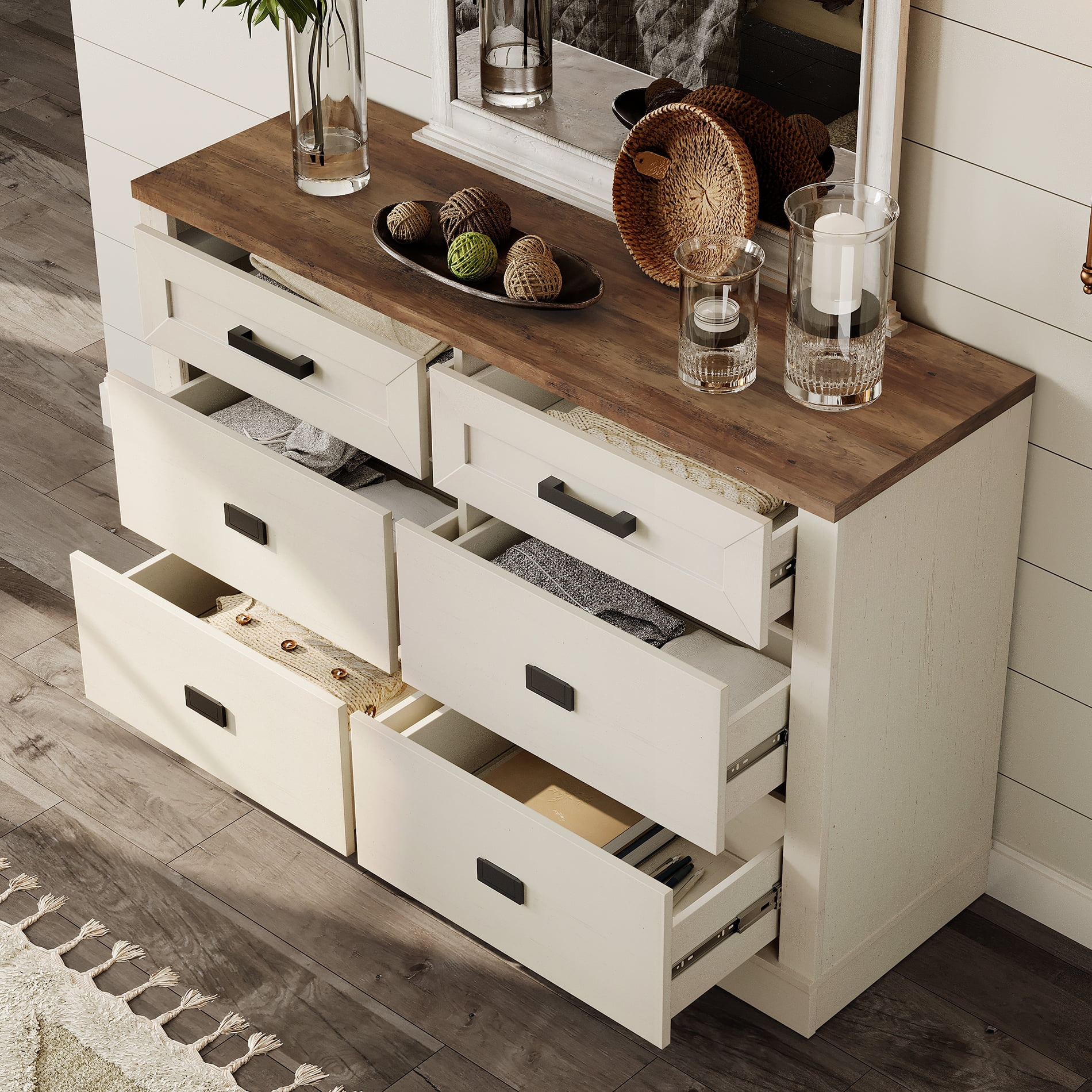 WAMPAT 2 in 1 Dresser with 9 Drawers for Bedroom, Wooden Dressers with Wide Chest of Drawers,Modern Farmhouse Dresser TV Stand with Metal Handles for Living Room, Hallway,Antique White