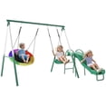 thumbnail image 1 of Qaba Metal Swing Set with Slide, Heavy Duty Swing Set, Dark Green, 1 of 10